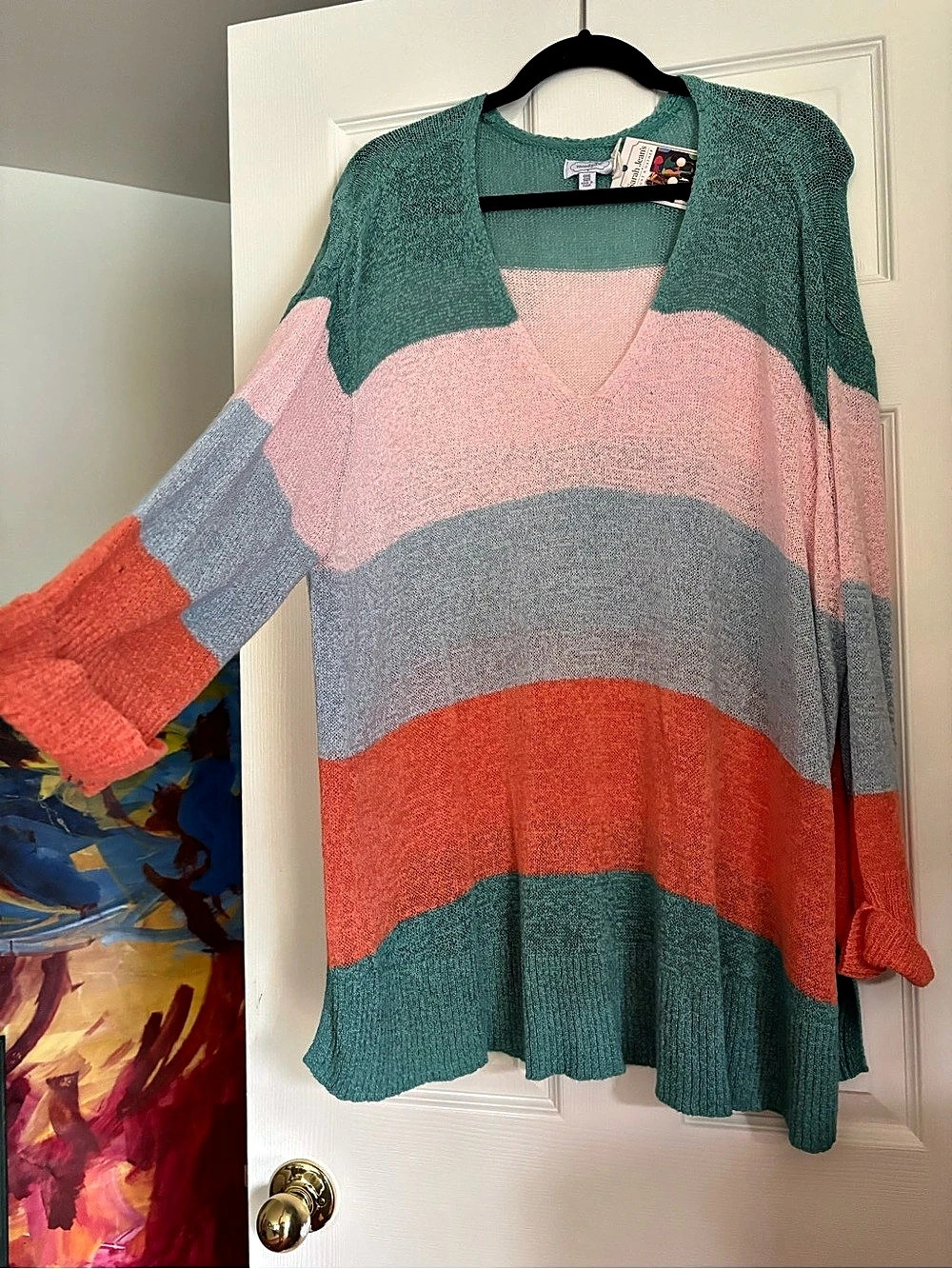 Mudpie, Color Block V-Neck Sweater Pink Green Like New, One Size